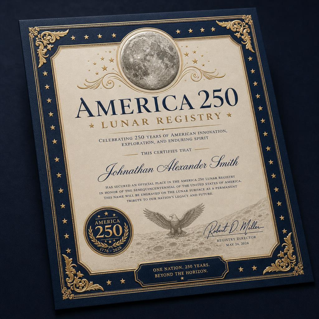 America 250 Lunar Registry commemorative certificate preview